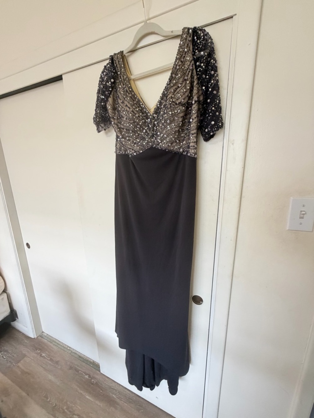 Black Label Black Beaded V-Neck Long Sleeve Evening Gown